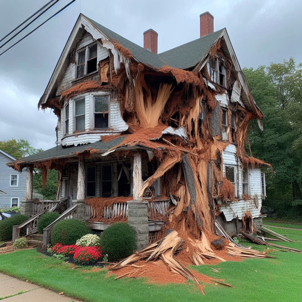 Damaged tree on an Springville home showing signs of disease and decay